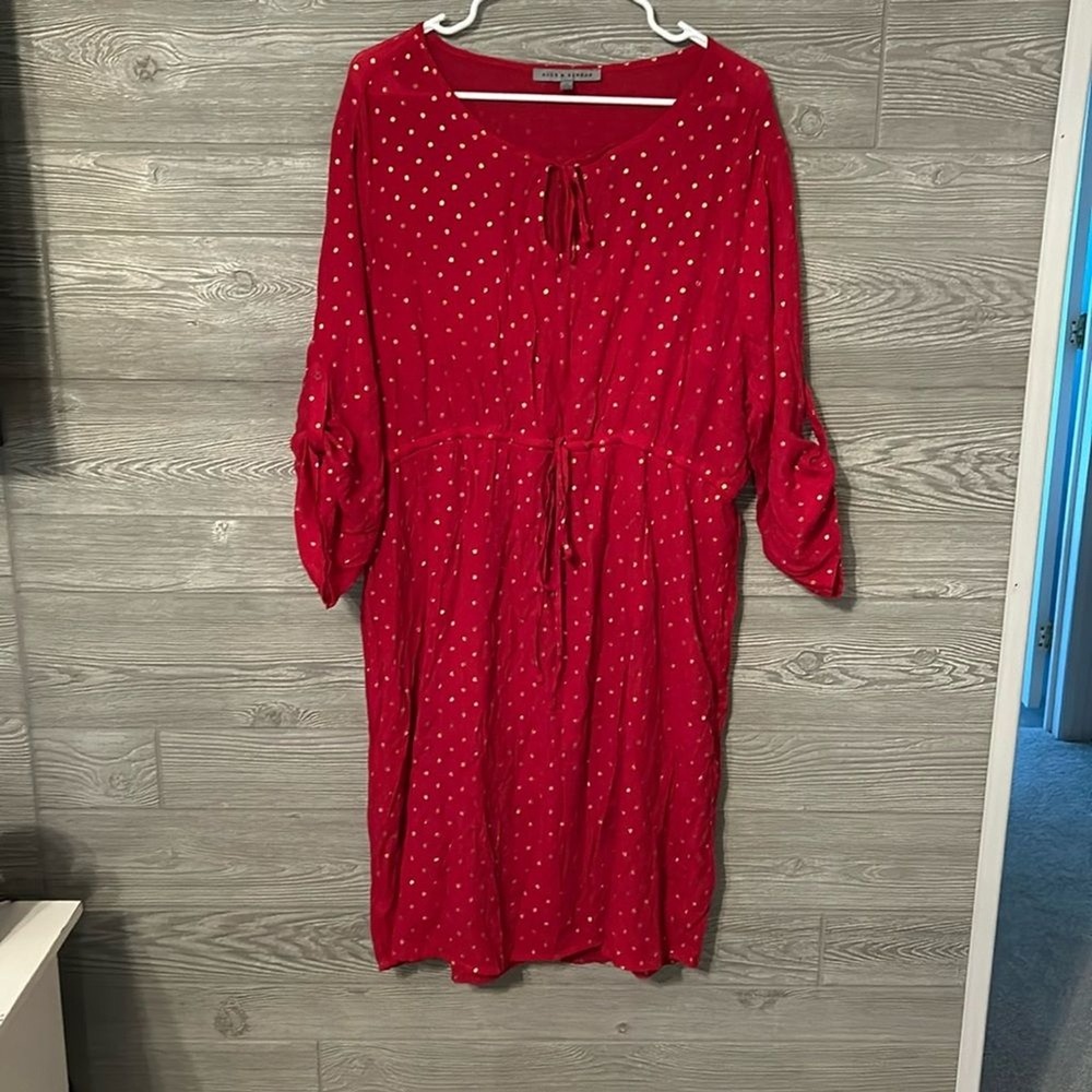 ALEX & PARKER Red Gold Polka Dot Tie Neck Midi Dress Women 2X Roll Tab Sleeve